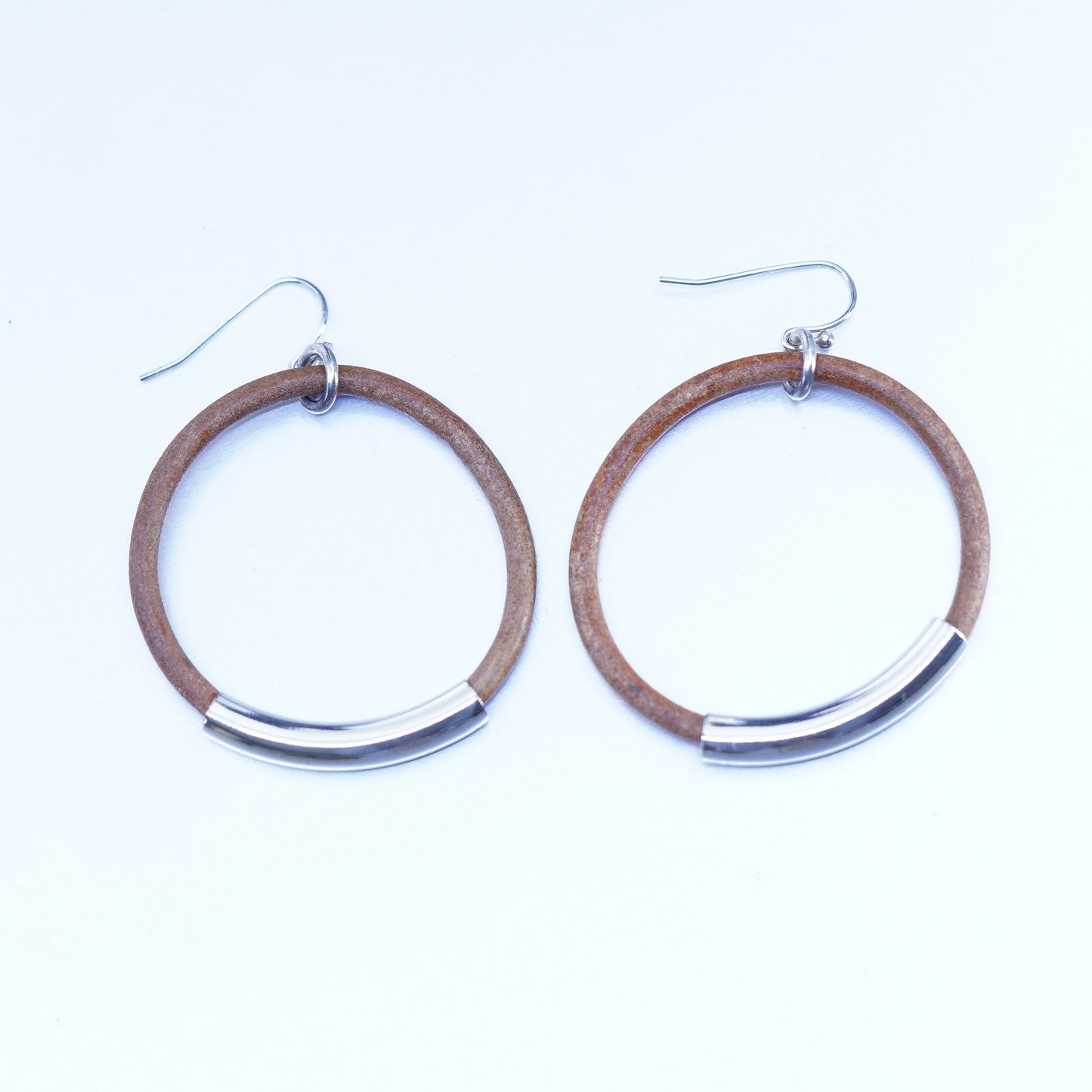 1.75”, Sterling silver handmade earrings, 925 tube with brown leather hoops