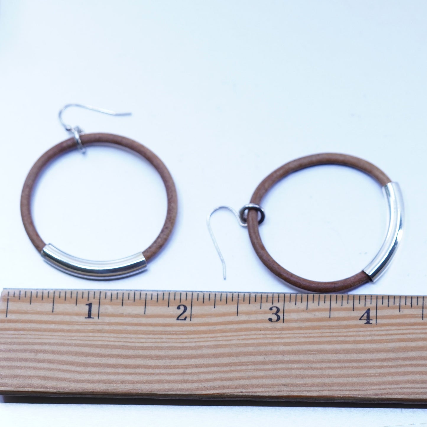 1.75”, Sterling silver handmade earrings, 925 tube with brown leather hoops