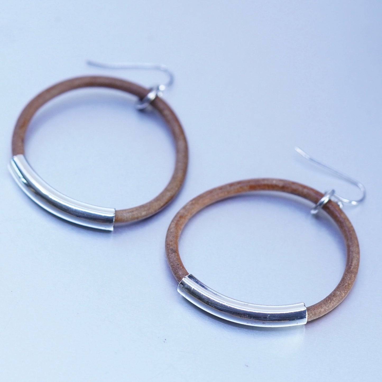 1.75”, Sterling silver handmade earrings, 925 tube with brown leather hoops