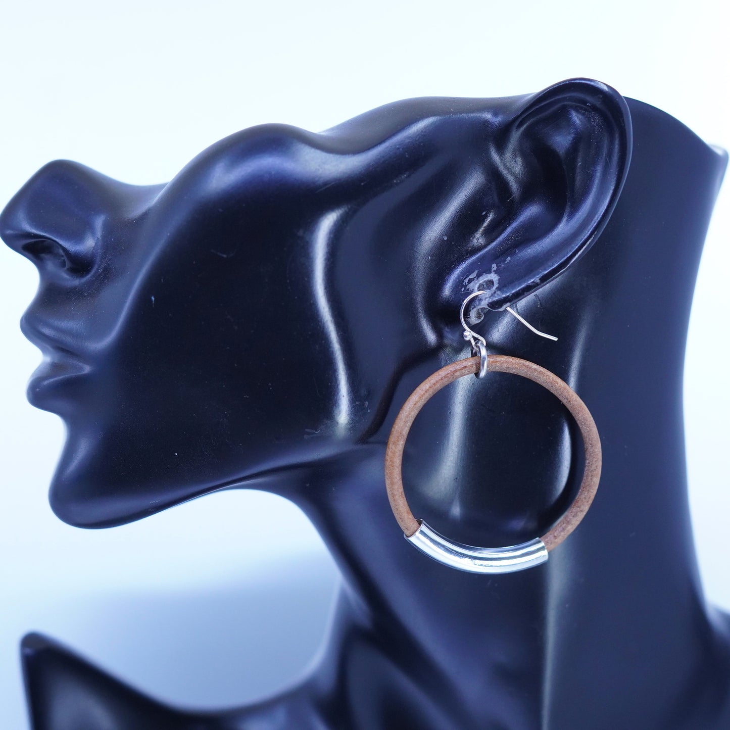 1.75”, Sterling silver handmade earrings, 925 tube with brown leather hoops
