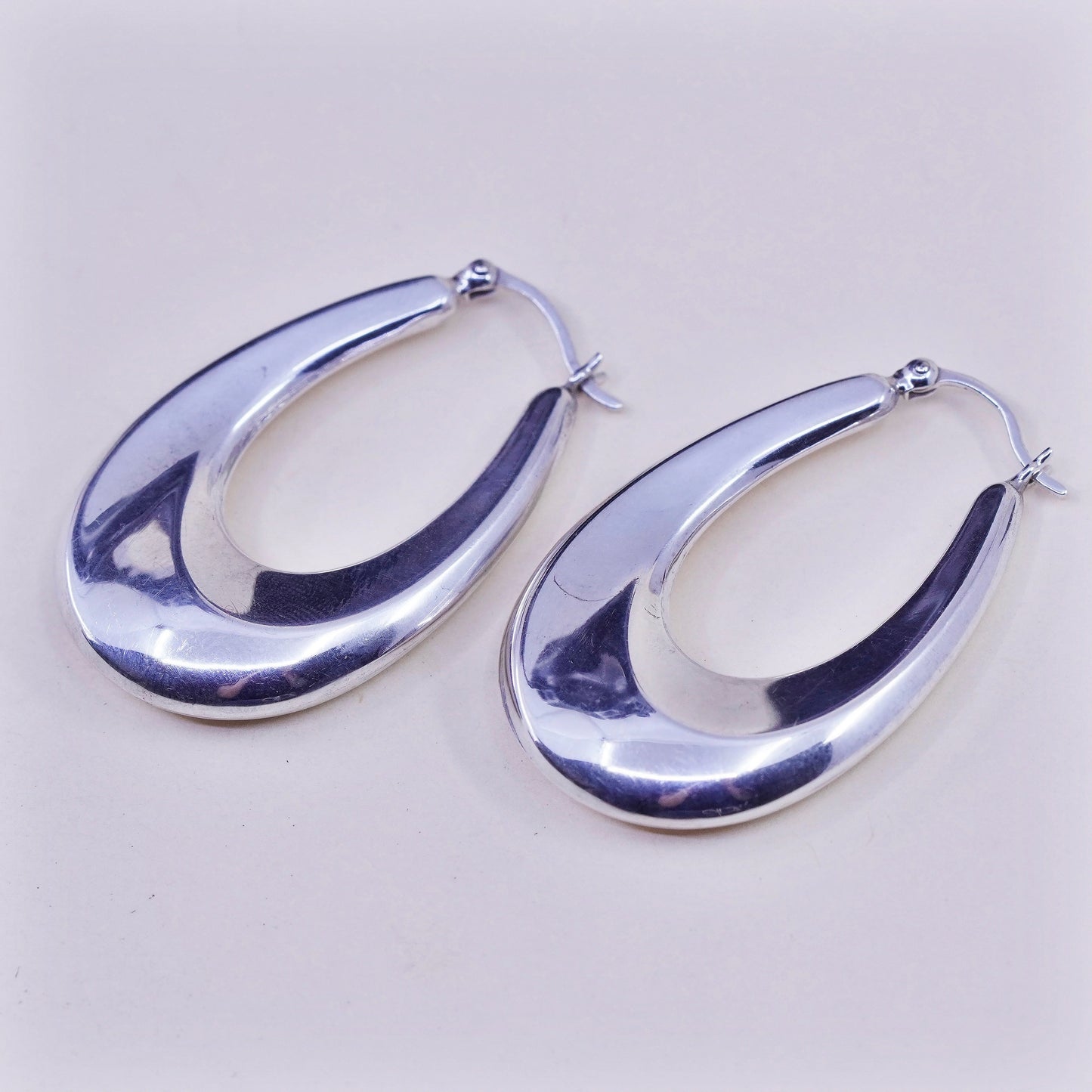 1.25” Vintage sterling silver oval earrings, minimalist primitive Huggie hoops