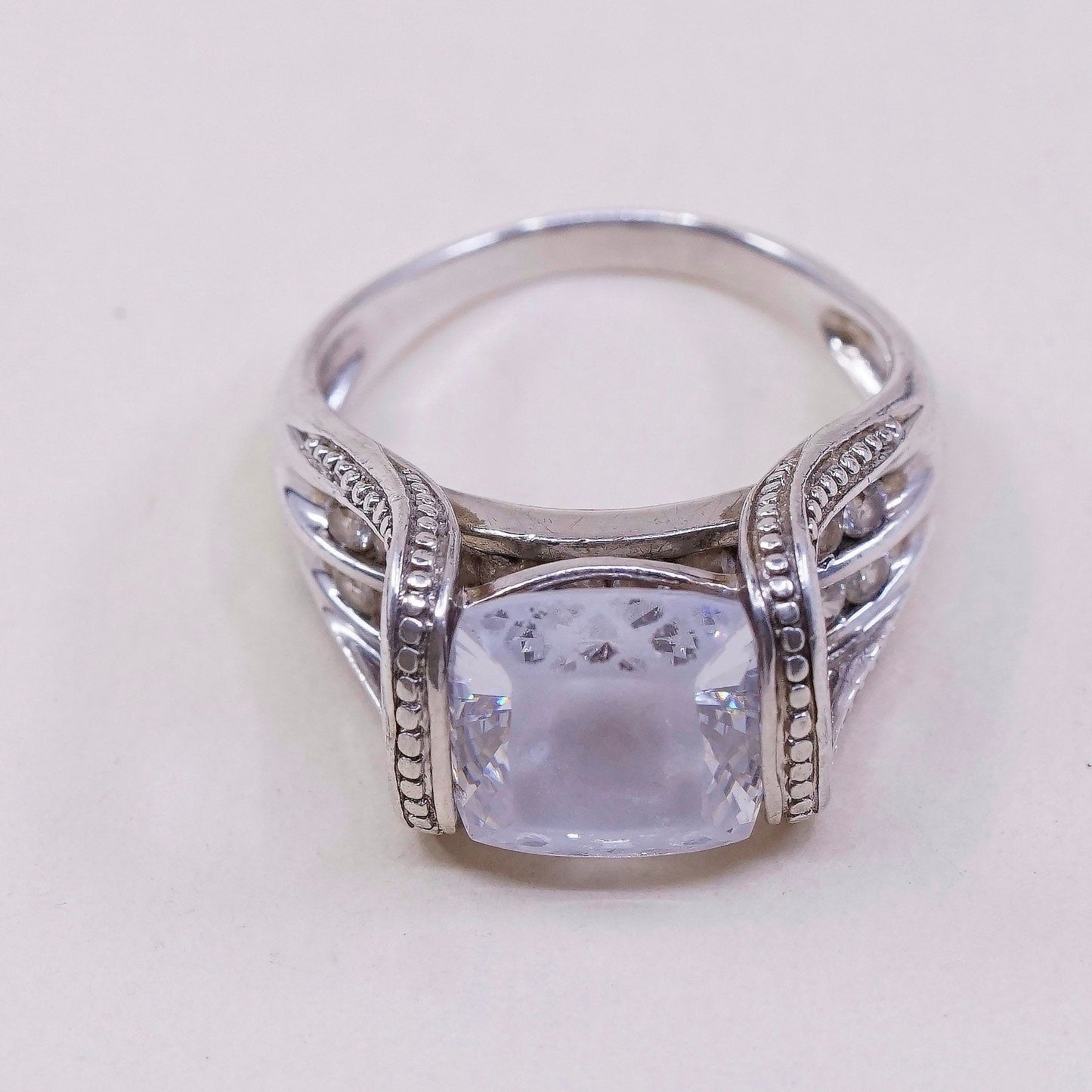 sz 7.5, Vtg MEDA Sterling silver ring, 925 silver w/ CZ cluster details