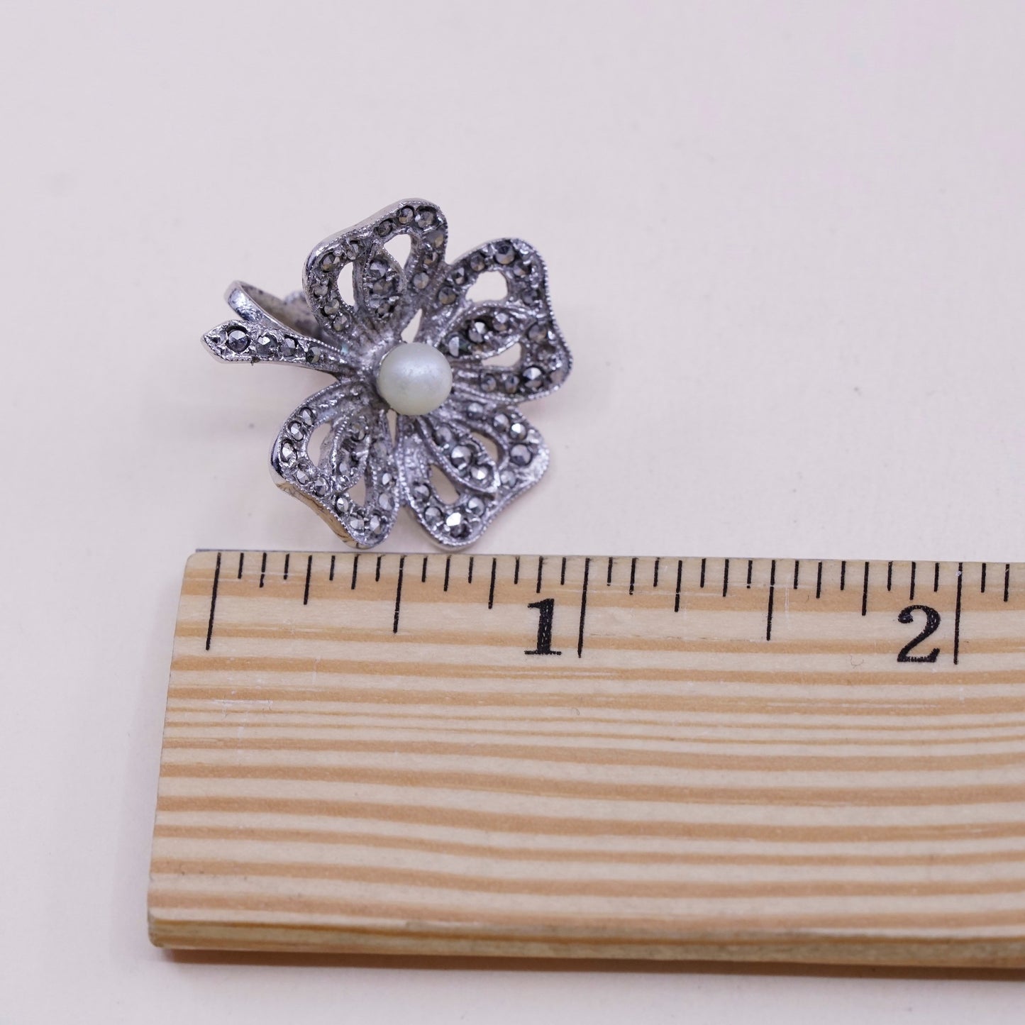 Vintage Sterling silver handmade earrings, 925 screw back flower with Marcasite