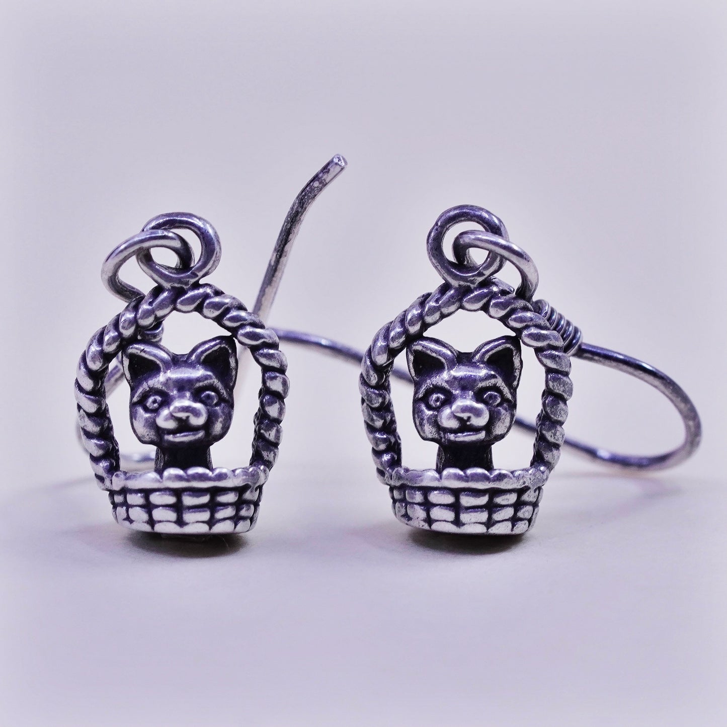 Vintage sterling silver handmade earrings, 925 dog puppy in basket dangles
