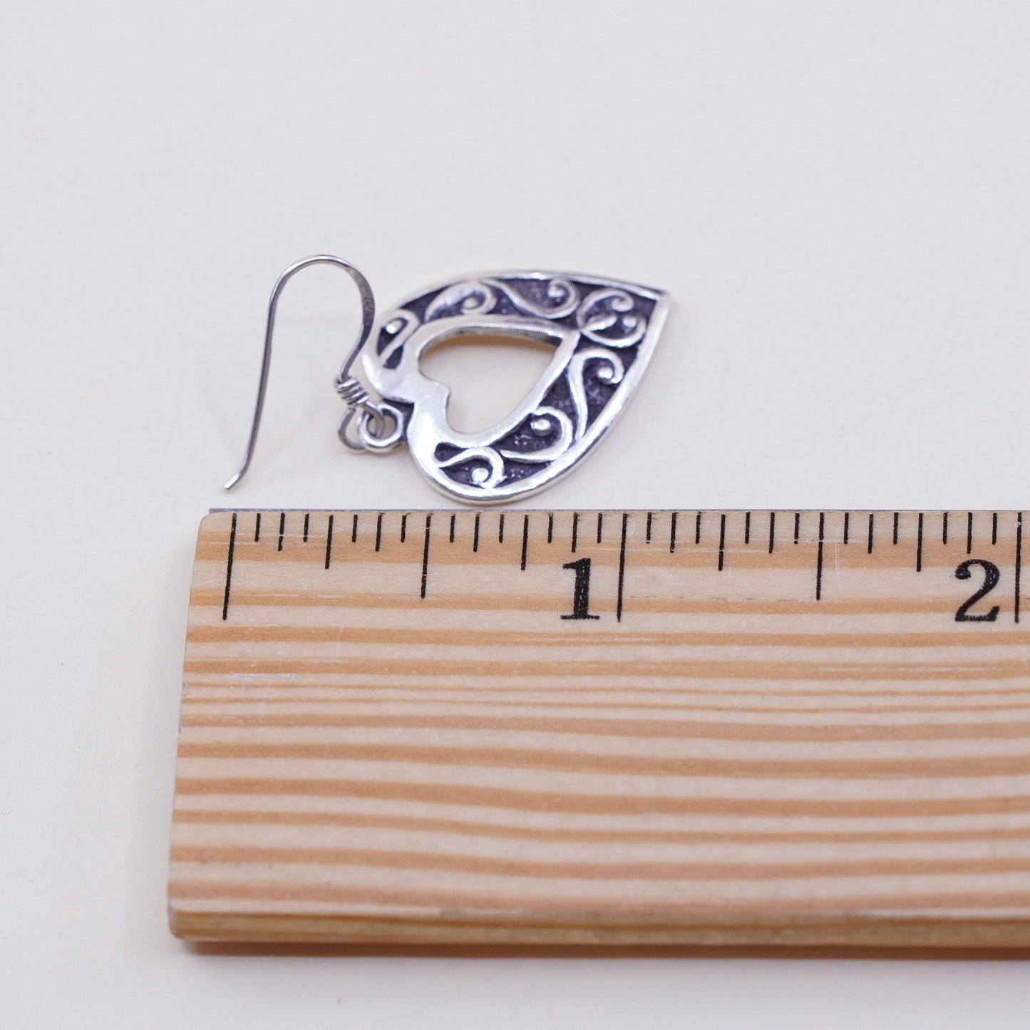Vintage sterling silver handmade earrings, 925 heart with filigree embossed