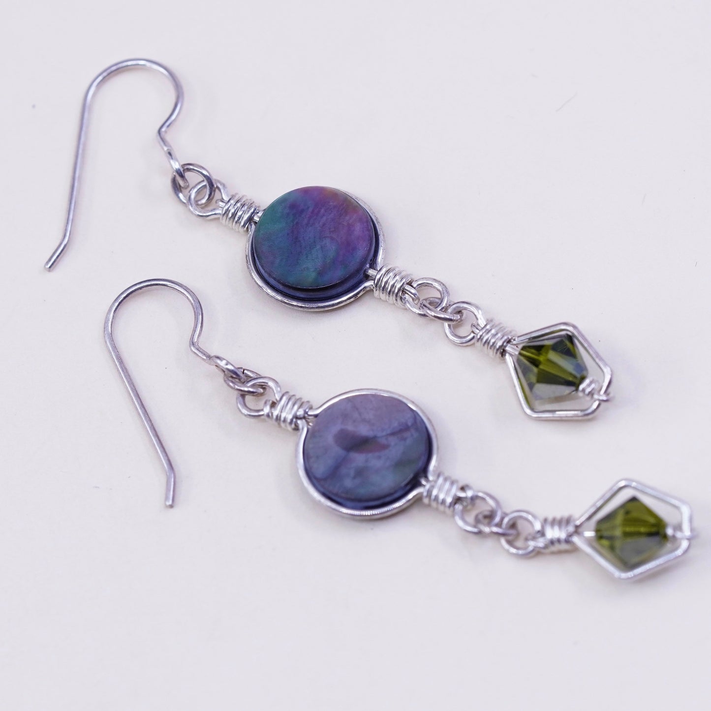 Vintage sterling silver handmade earrings, 925 hooks with circle abalone and peridot, silver tested