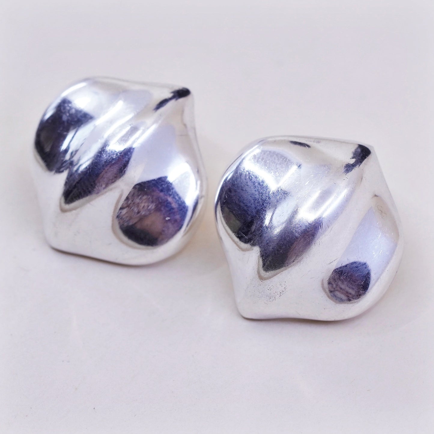 Vintage Sterling silver handmade earrings, solid 925 Ribbed origami studs