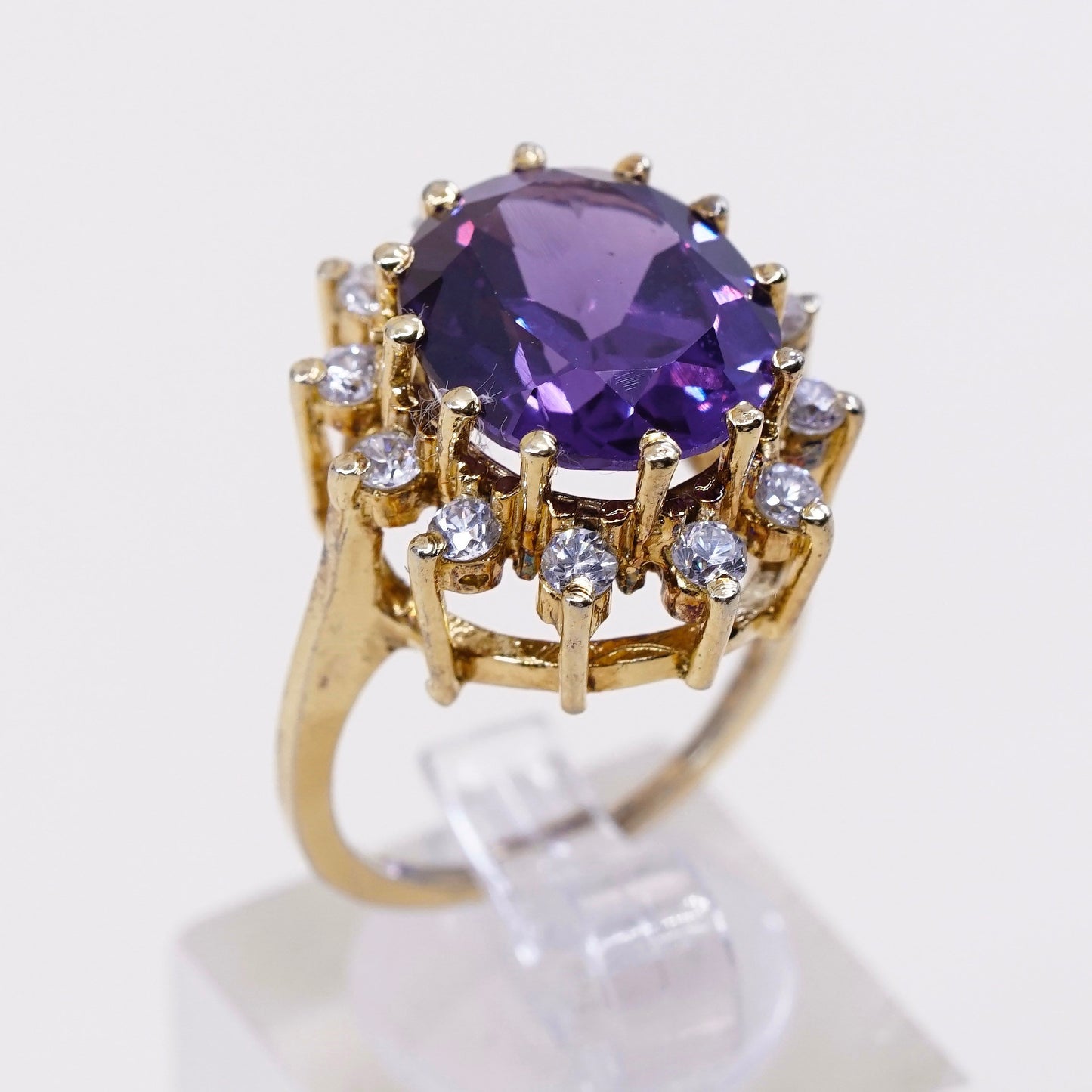 sz 7, Vermeil gold over sterling silver 925 cocktail ring with amethyst and Cz