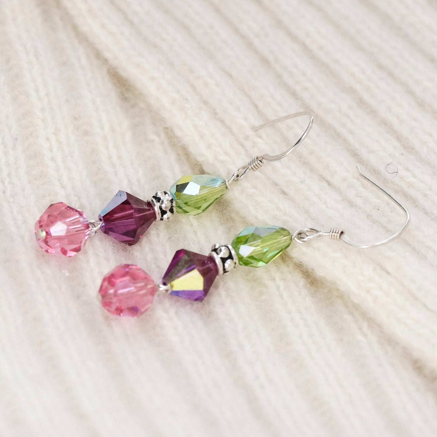 Vintage Sterling 925 silver handmade earrings with pink ruby green crystal