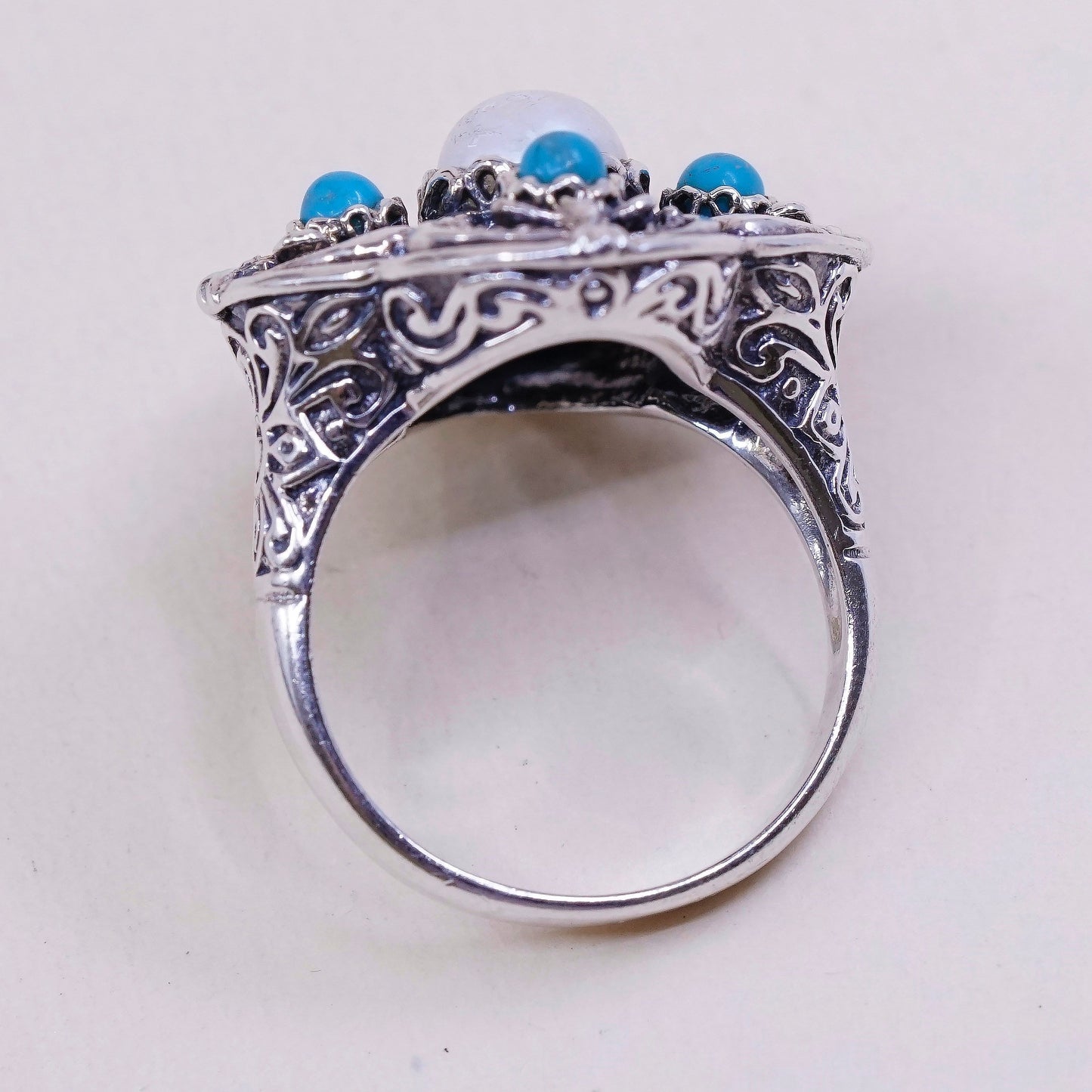sz 9.5, vintage GSJ Sterling silver handmade ring, 925 w/ turquoise N pearl