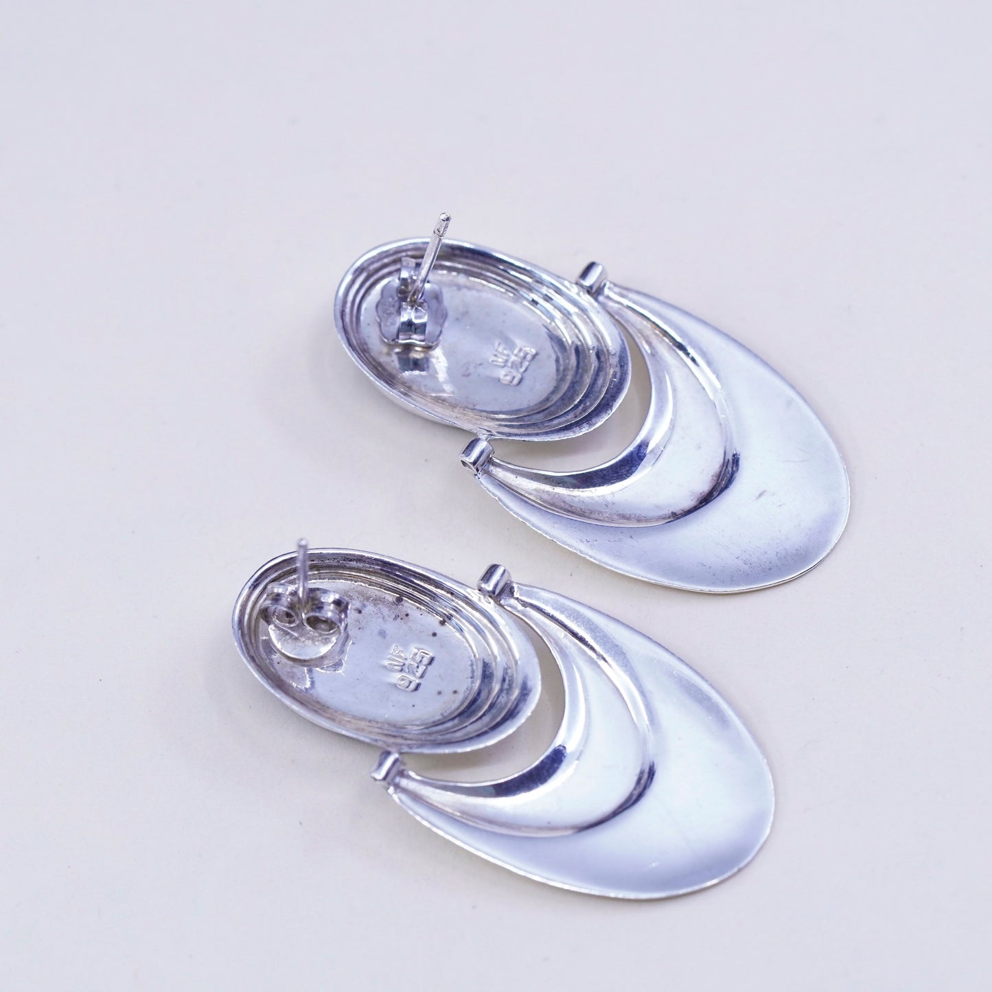 vtg Sterling 925 silver handmade earrings with oval obsidian drops, elegant