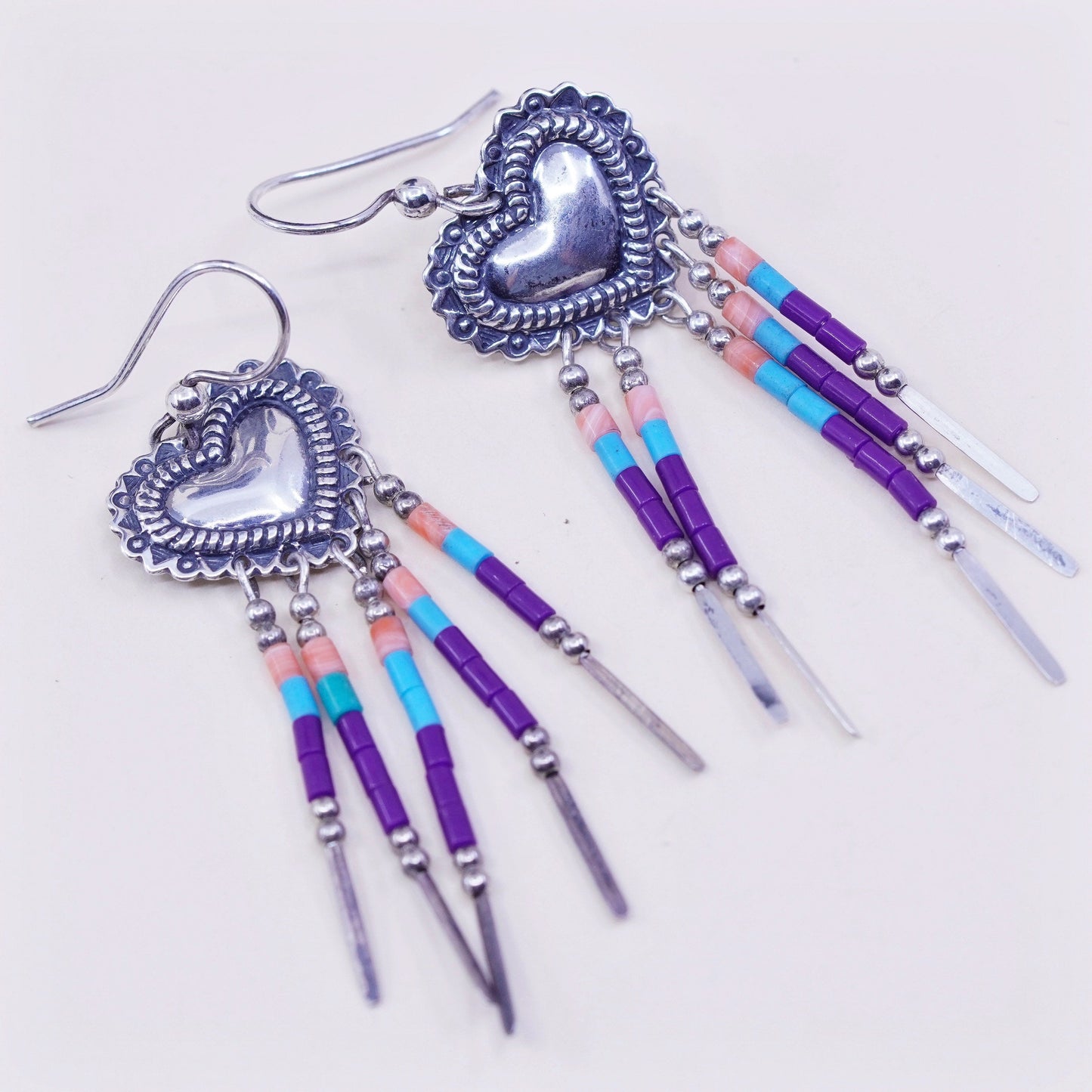 Native American KBN Kabana Sterling silver handmade earrings, 925 heart with turquoise and coral fringe, stamped 925 KBN