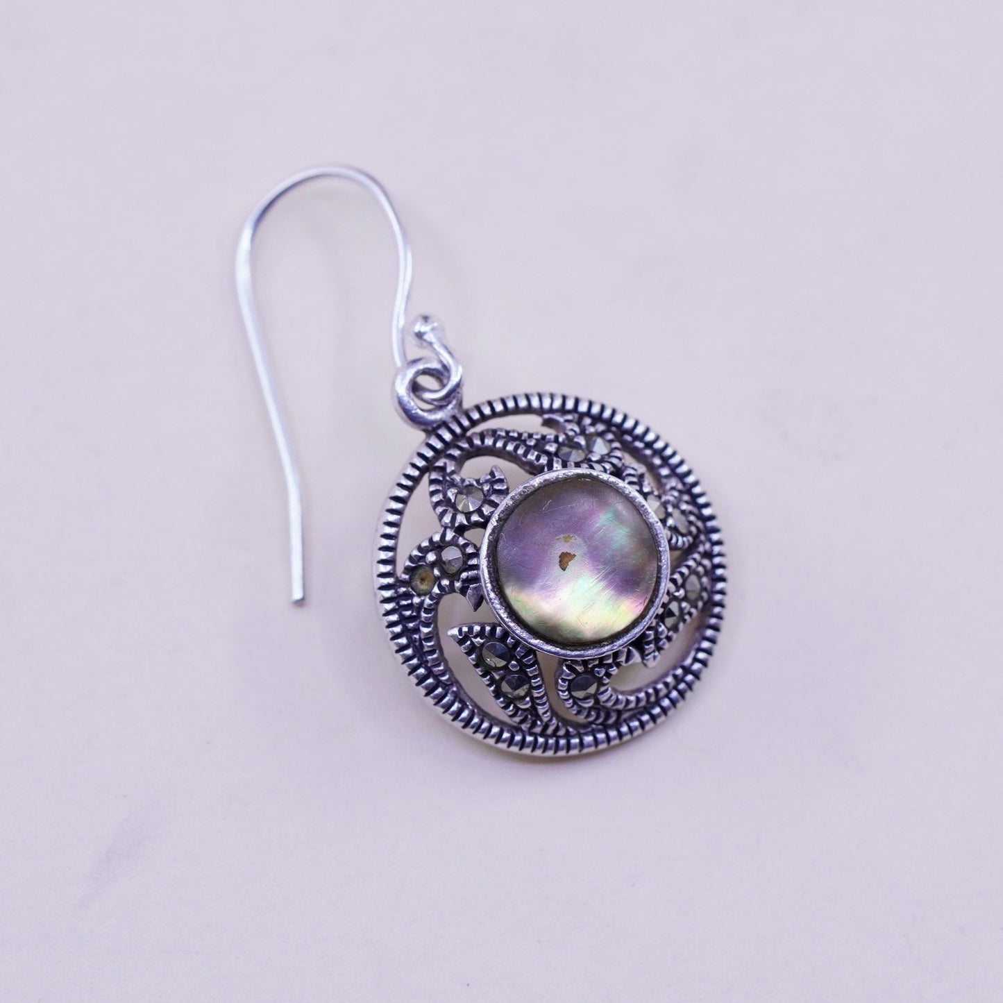 Vintage Sterling silver handmade earrings, 925 circle with abalone marcasite