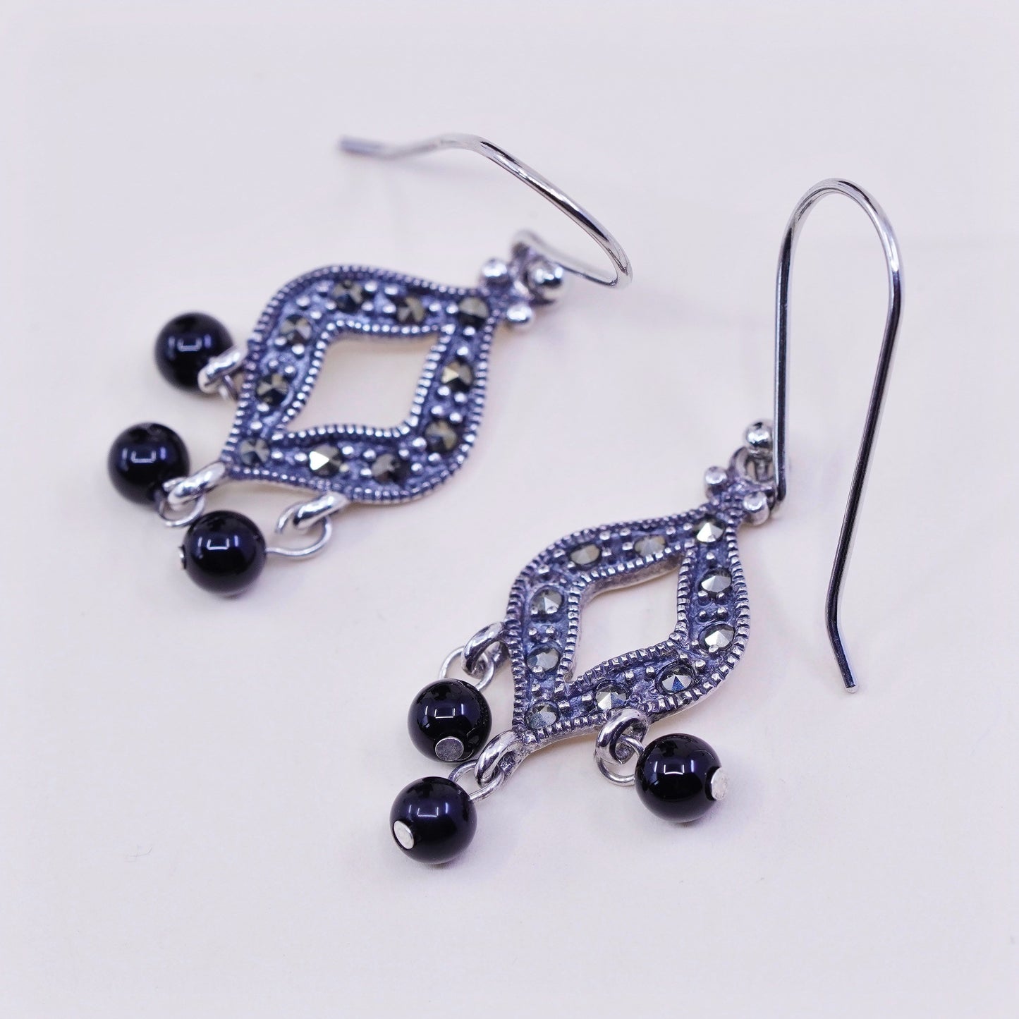 Vintage Sterling silver handmade earrings, 925 drops with obsidian and marcasite, stamped 925 China