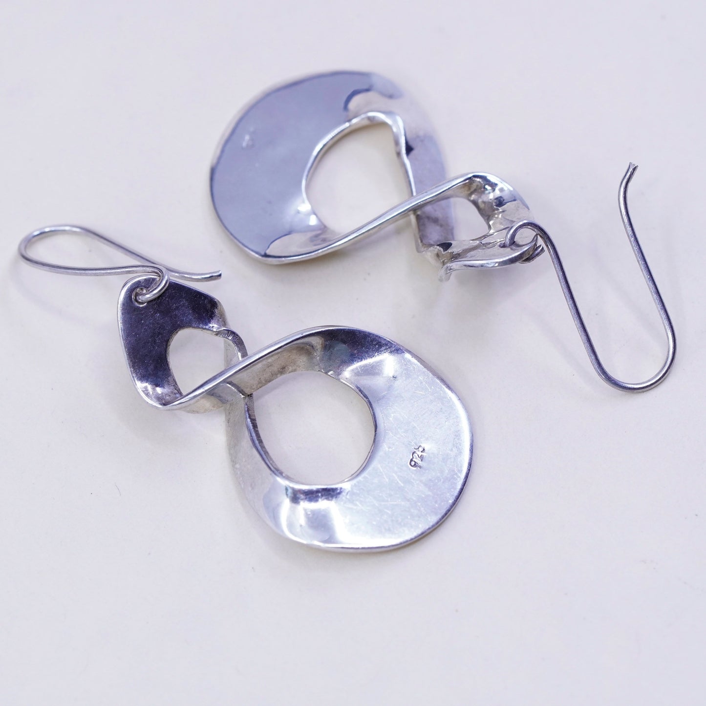 Vintage Sterling silver handmade earrings, hammered 925 infinity loop dangle