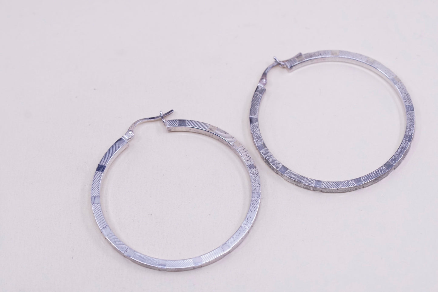 1.75”, vtg sterling silver loop earrings, textured minimalist primitive hoops