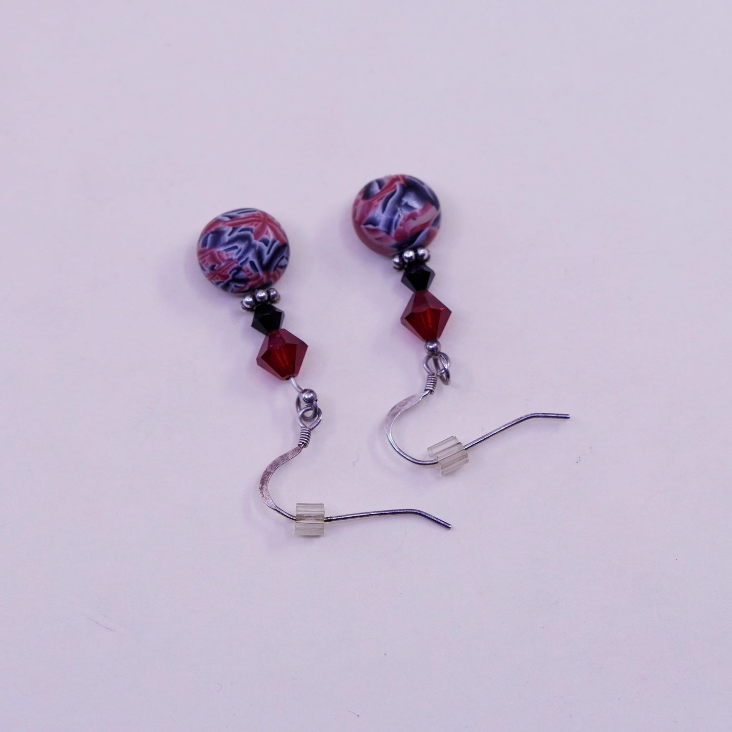 Vintage sterling silver handmade earrings with red crystal beads and resin