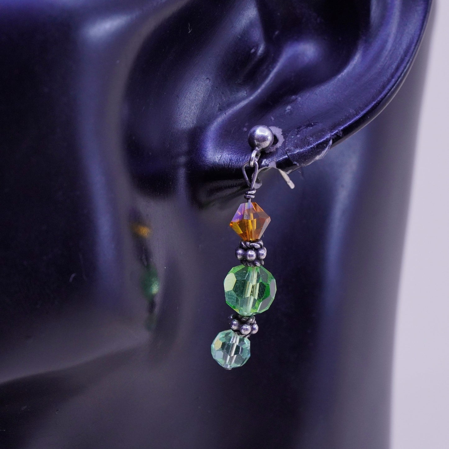 Vintage Sterling silver handmade earrings, 925 posts with green crystal