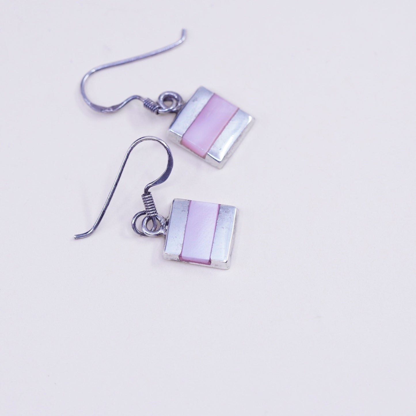 Vintage sterling 925 silver handmade earrings with square pink mother of pearl