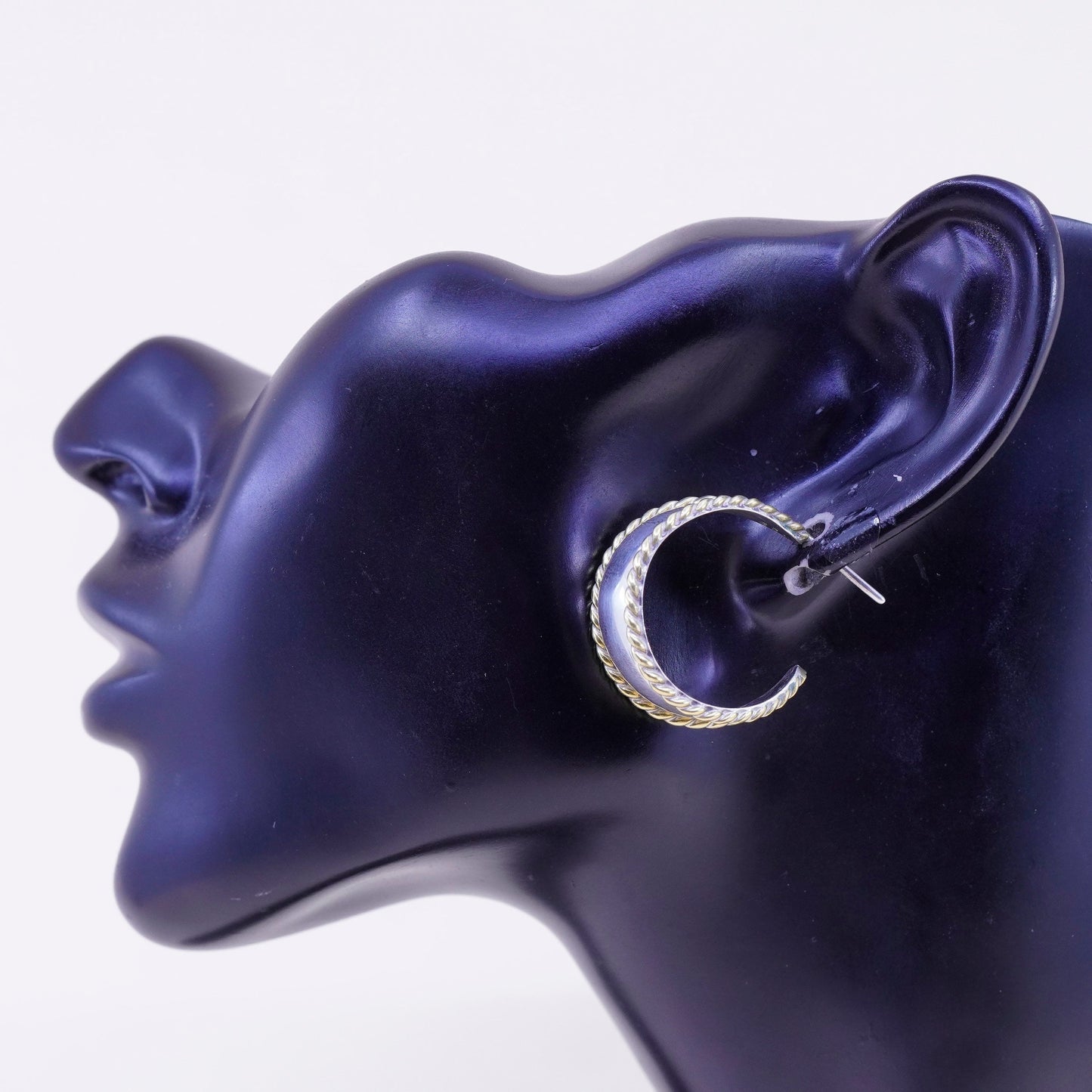 1”, two tone Sterling silver handmade earrings, 925 Huggie hoops brass cable