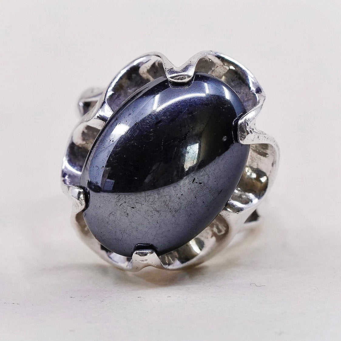 sz 5.75, vtg sterling silver handmade ring, mexico 925 flower w/ hematite bead