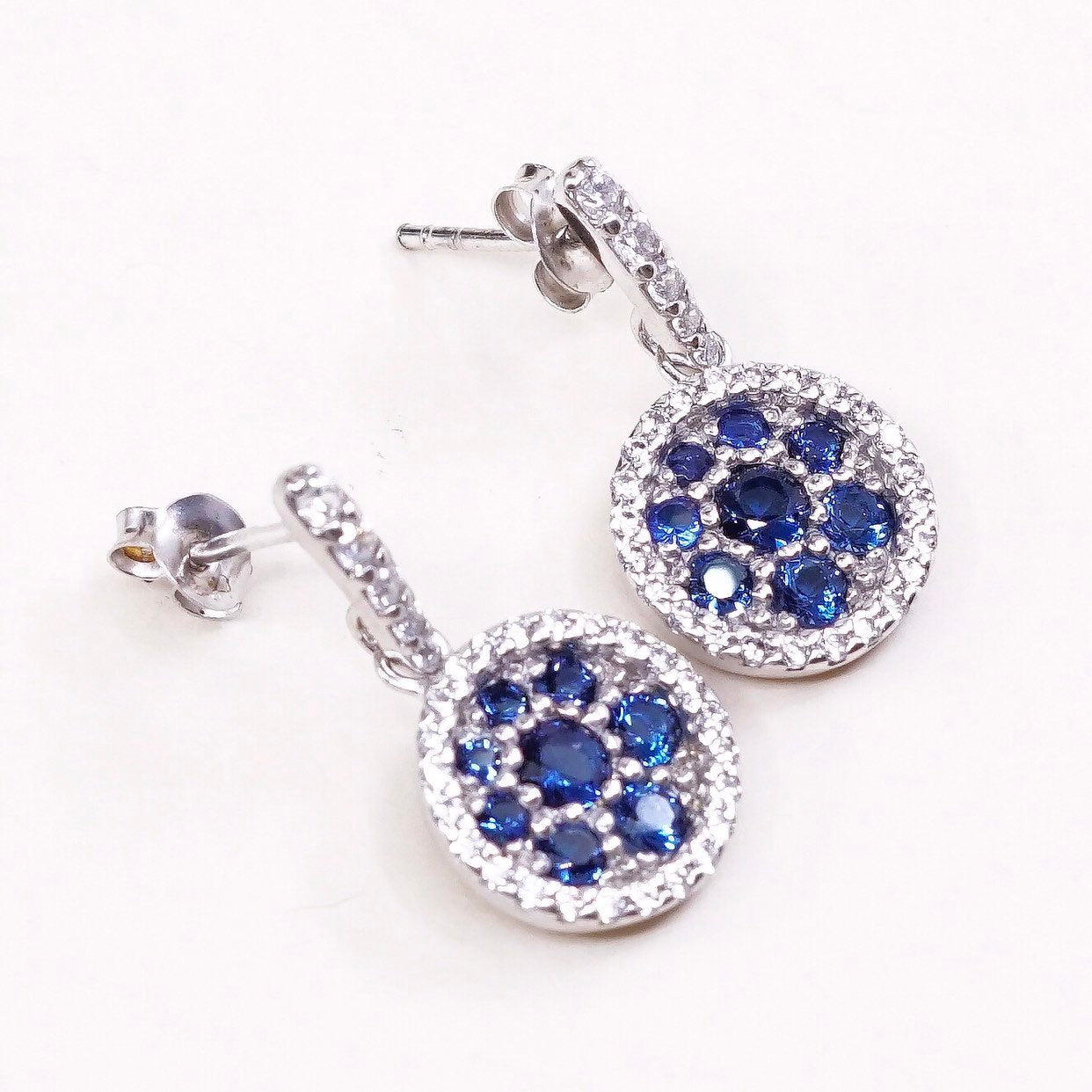 VTG Sterling silver handmade earrings, 925 circle dangles w/ blue crystal