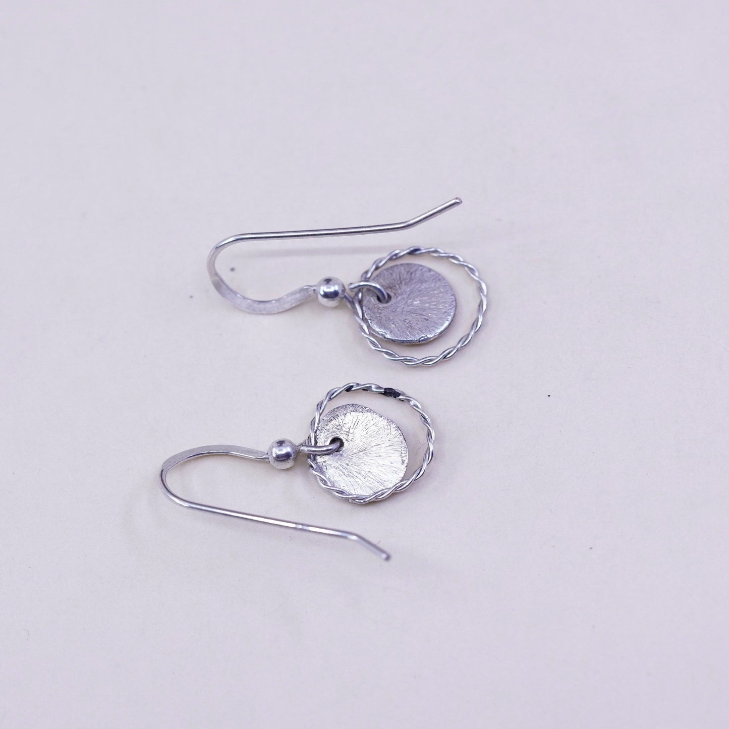 Vintage lightweight Hammered Drop Disc Sterling Silver Earrings, Stamped 925
