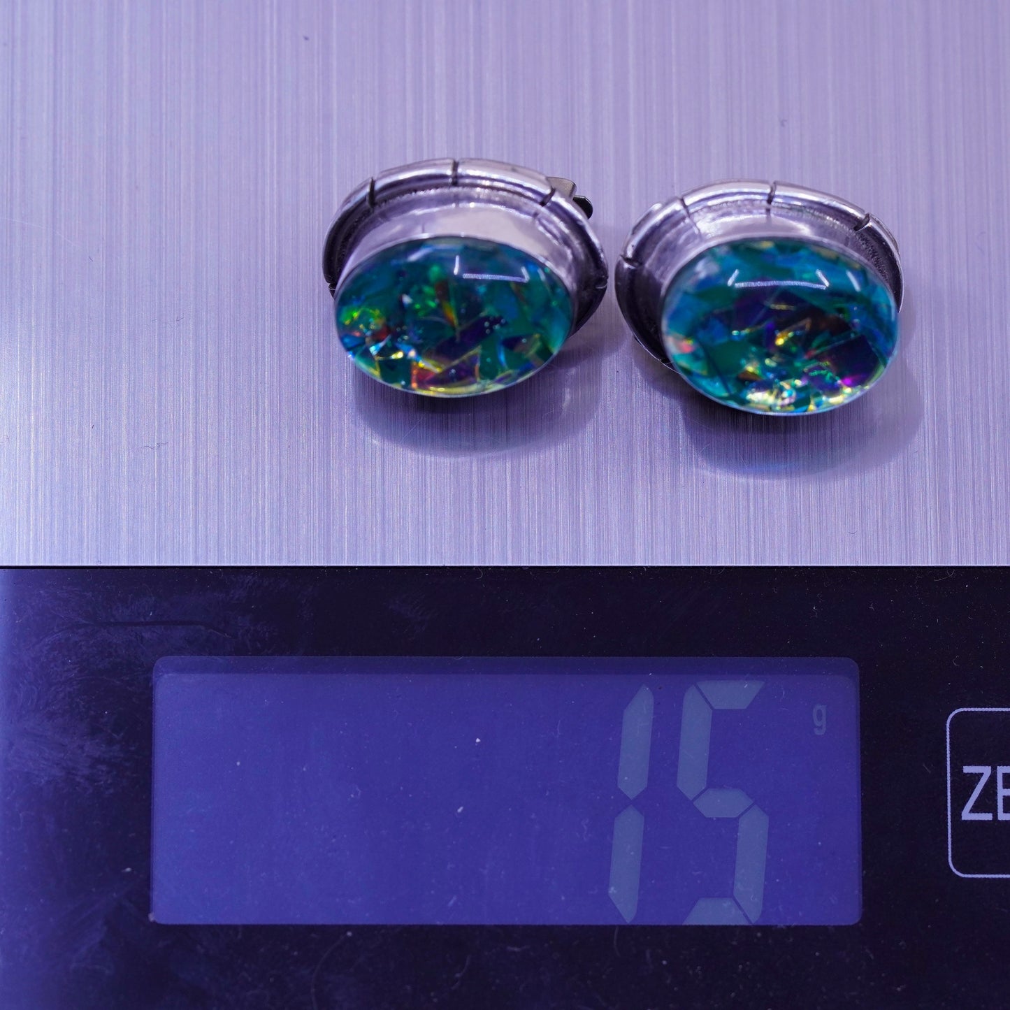 Vintage Sterling silver handmade earrings, 925 oval clip on green foiled glass