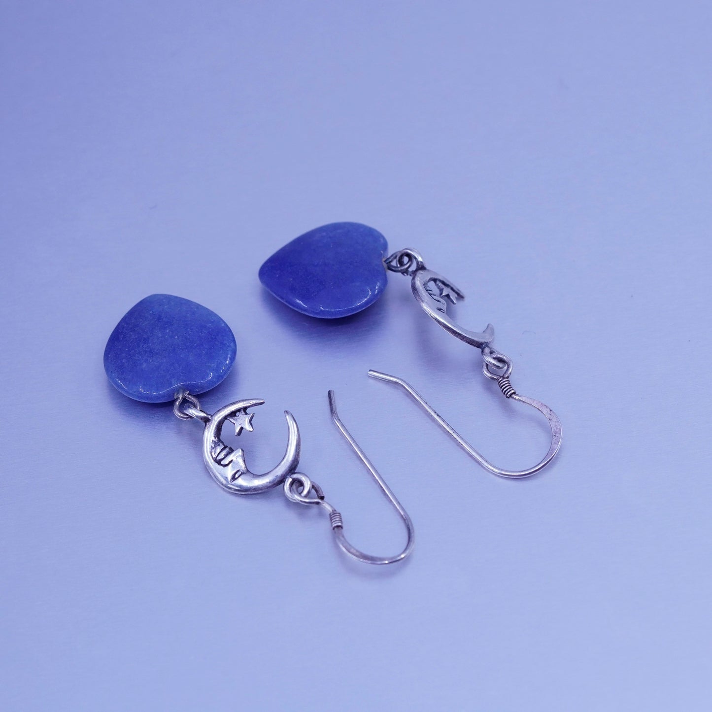 vtg jewelry | handmade Sterling 925 silver sodalite heart earrings moon face