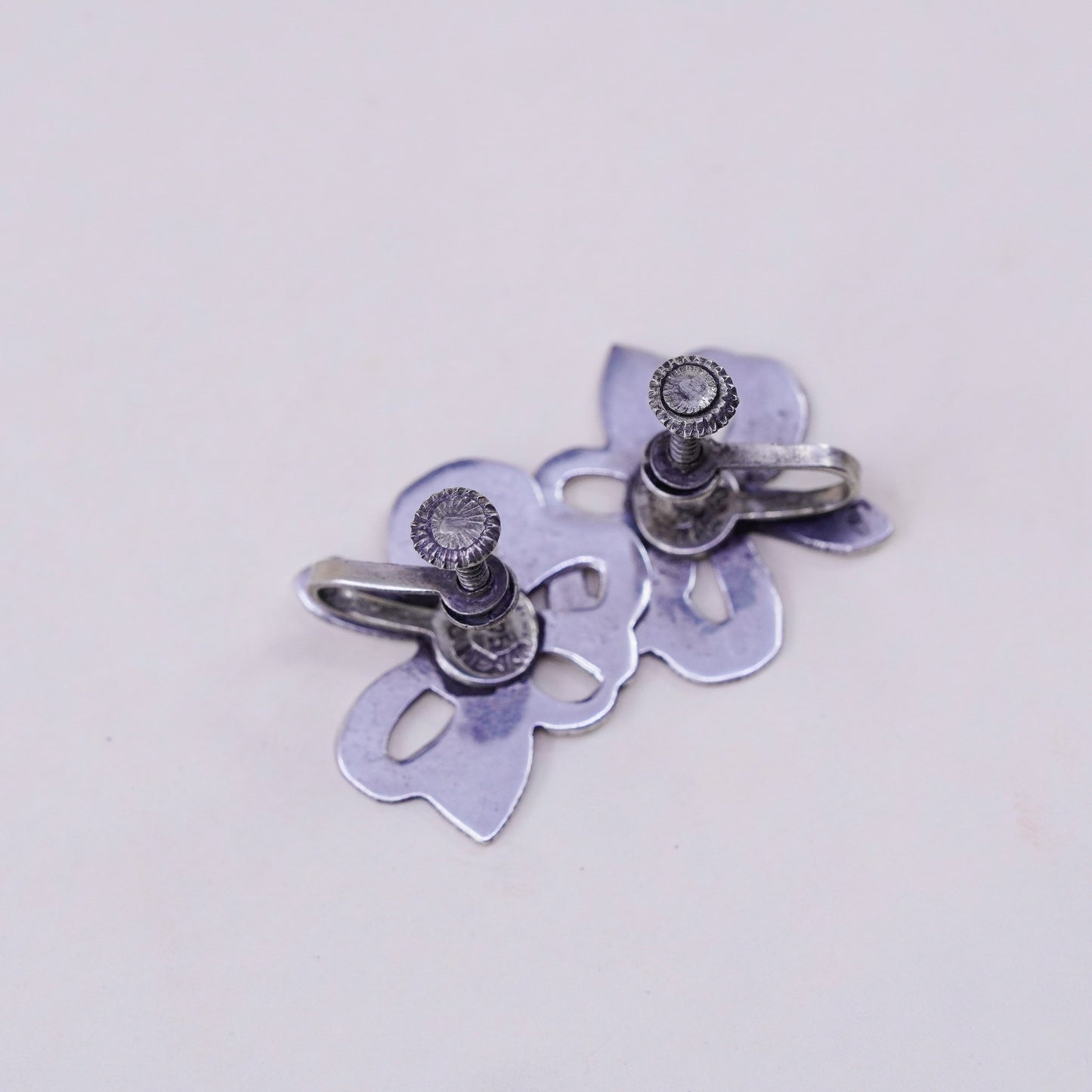Vintage Sterling silver handmade earrings, 925 screw back bow tie ribbon