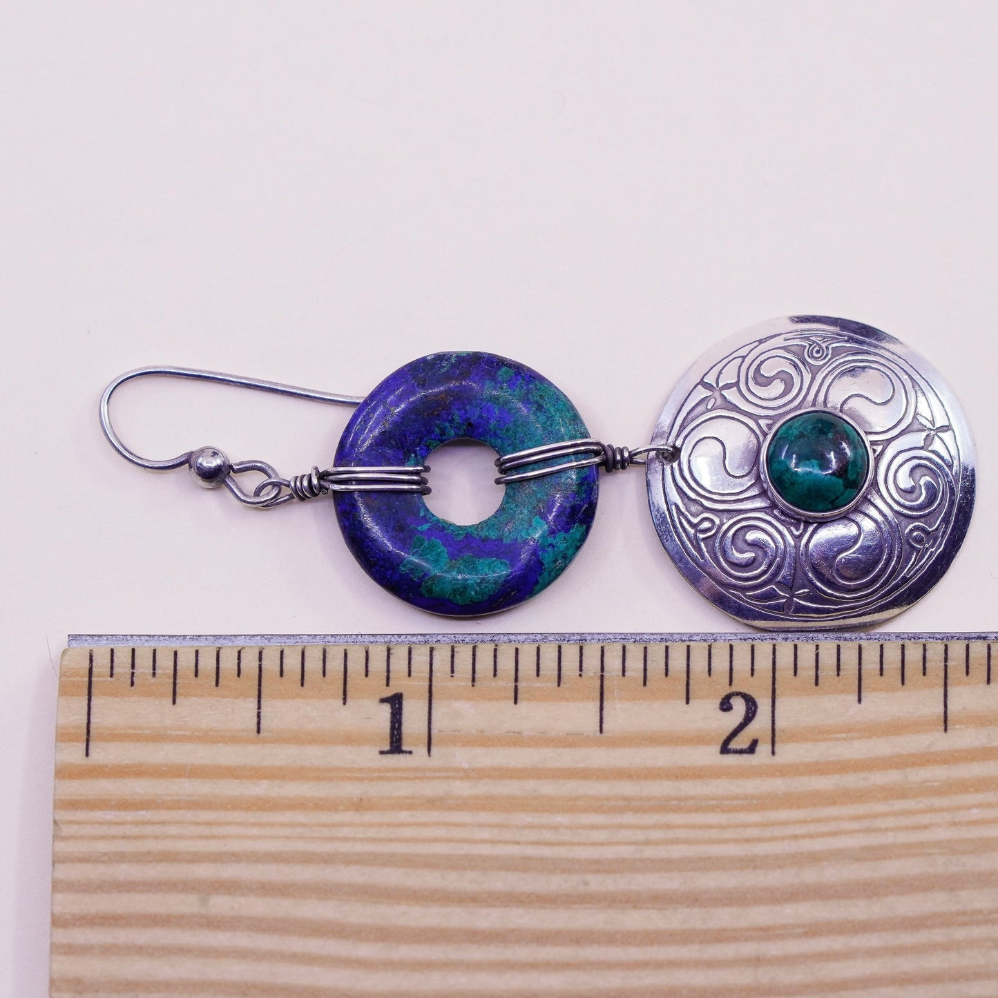 Vintage Sterling 925 silver handmade earrings with azurite and circle dangles