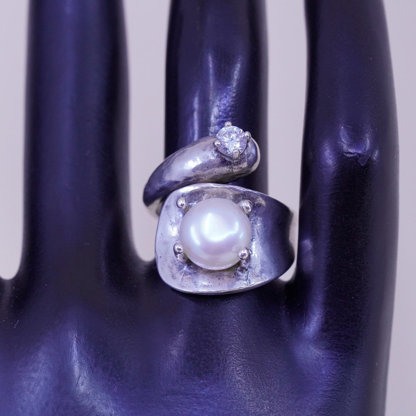 Size 7, vintage Sterling silver handmade ring, modern 925 band with pearl cz