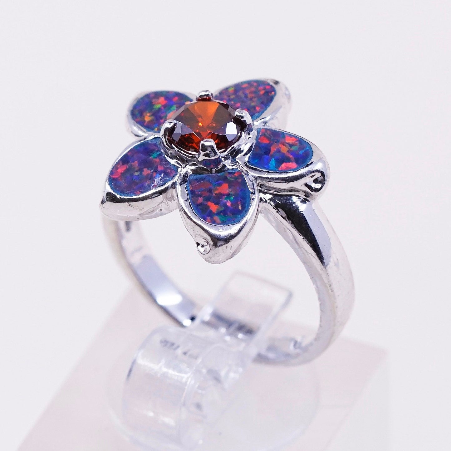 sz 6, Sterling 925 silver handmade flower ring w/ fire opal and ruby