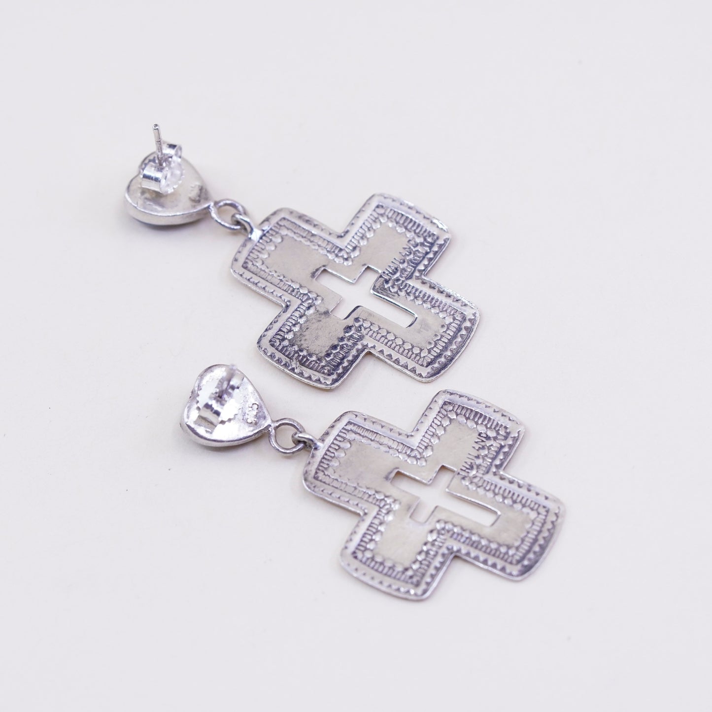 vtg Sterling 925 silver handmade textured cross earrings with heart sodalite
