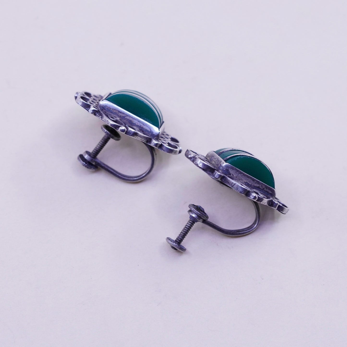 Vintage sterling 925 silver handmade screw back earrings with jade inlay