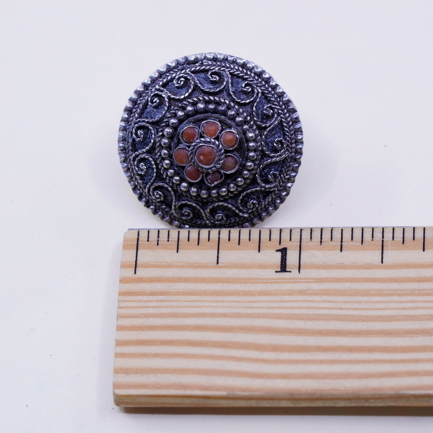 vtg sterling silver handmade earrings, 925 filigree circle studs with red coral