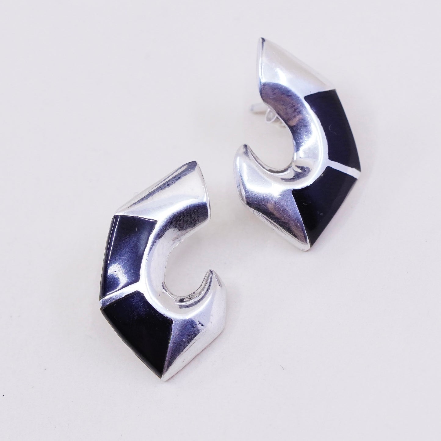Vintage TCA Sterling 925 silver handmade earrings studs with obsidian, elegant