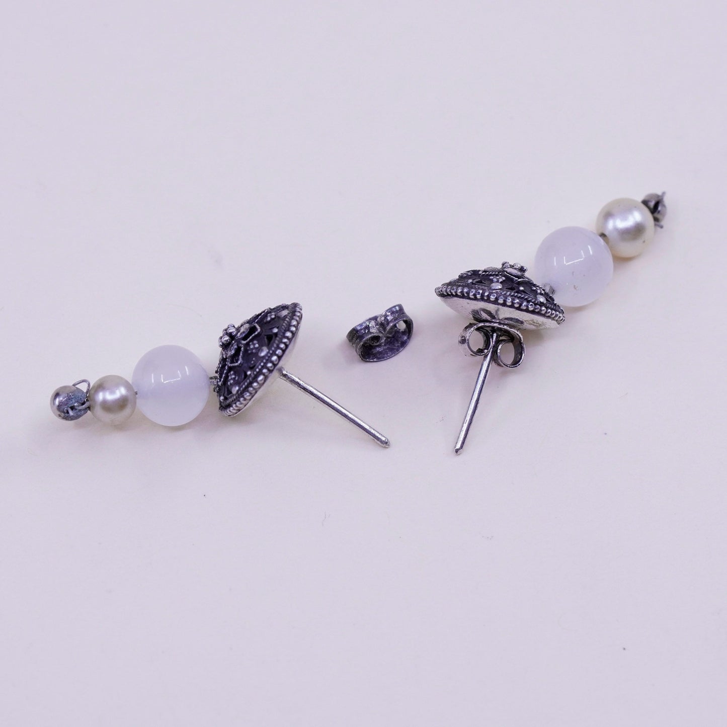 Vintage Sterling silver handmade earrings, 925 filigree studs with quartz