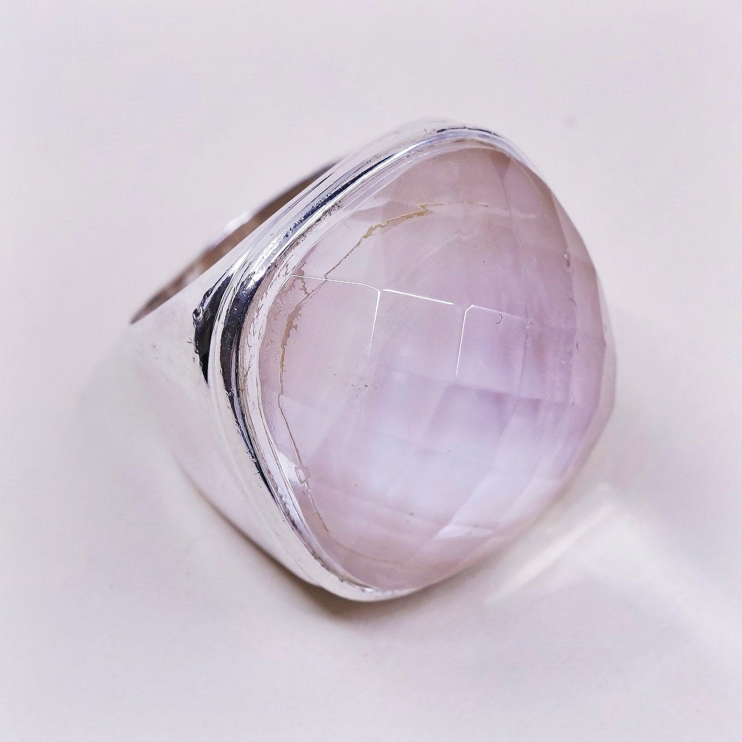 sz 7, vtg sterling 925 silver handmade statement ring w/ pink glass stone