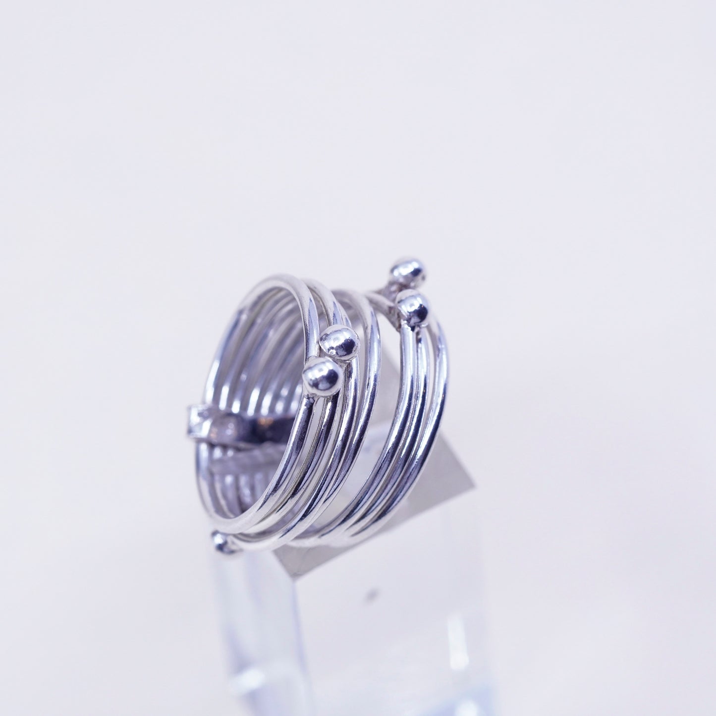 Size 8, vintage sterling silver handmade ring, 925 multiple band w/ beads