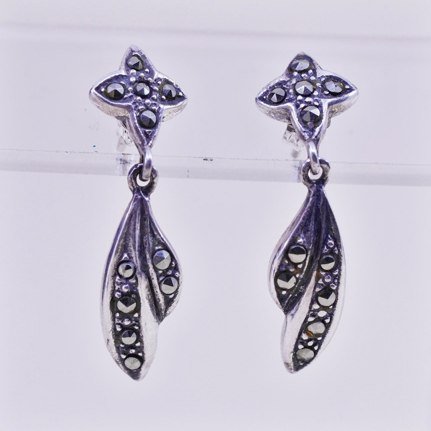 Vintage Sterling silver handmade earrings, 925 clover leaf with marcasite