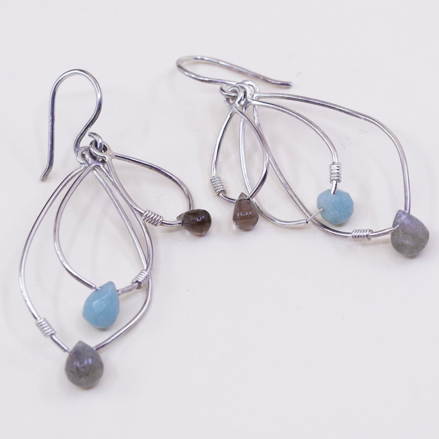 modern sterling silver earrings, 925 teardrop dangles with labradorite and jade