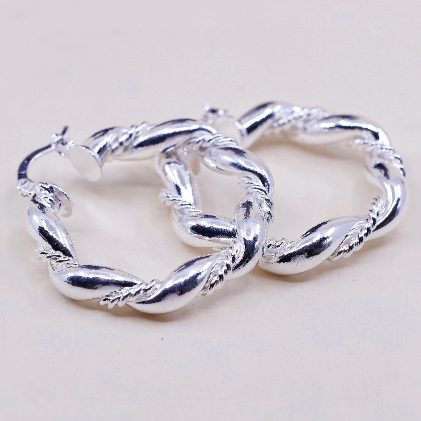 1.5”, vtg sterling silver loop earrings, primitive Ribbed twisted hoops, huggie