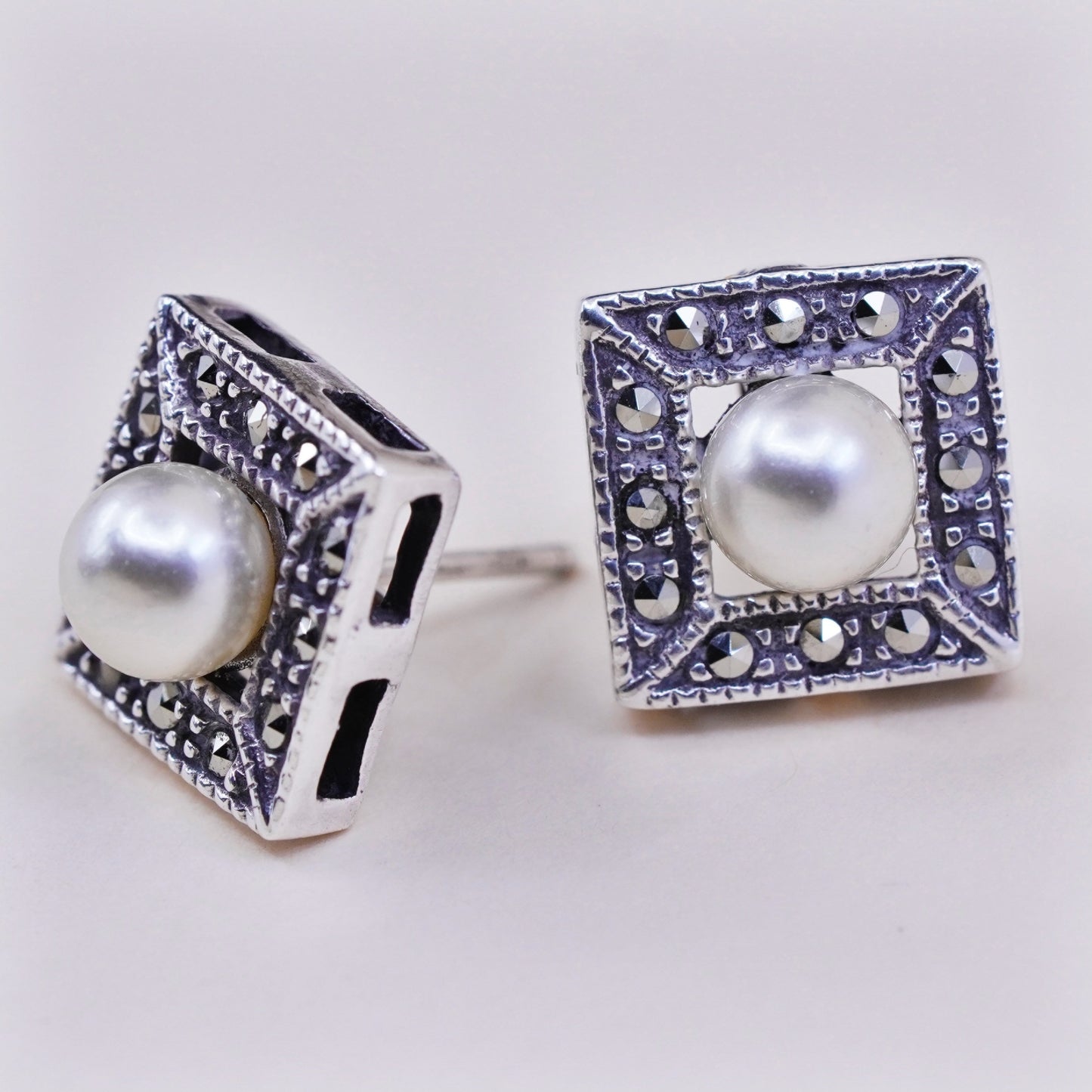 Vintage sterling silver earrings, 925 square studs with pearl and marcasite