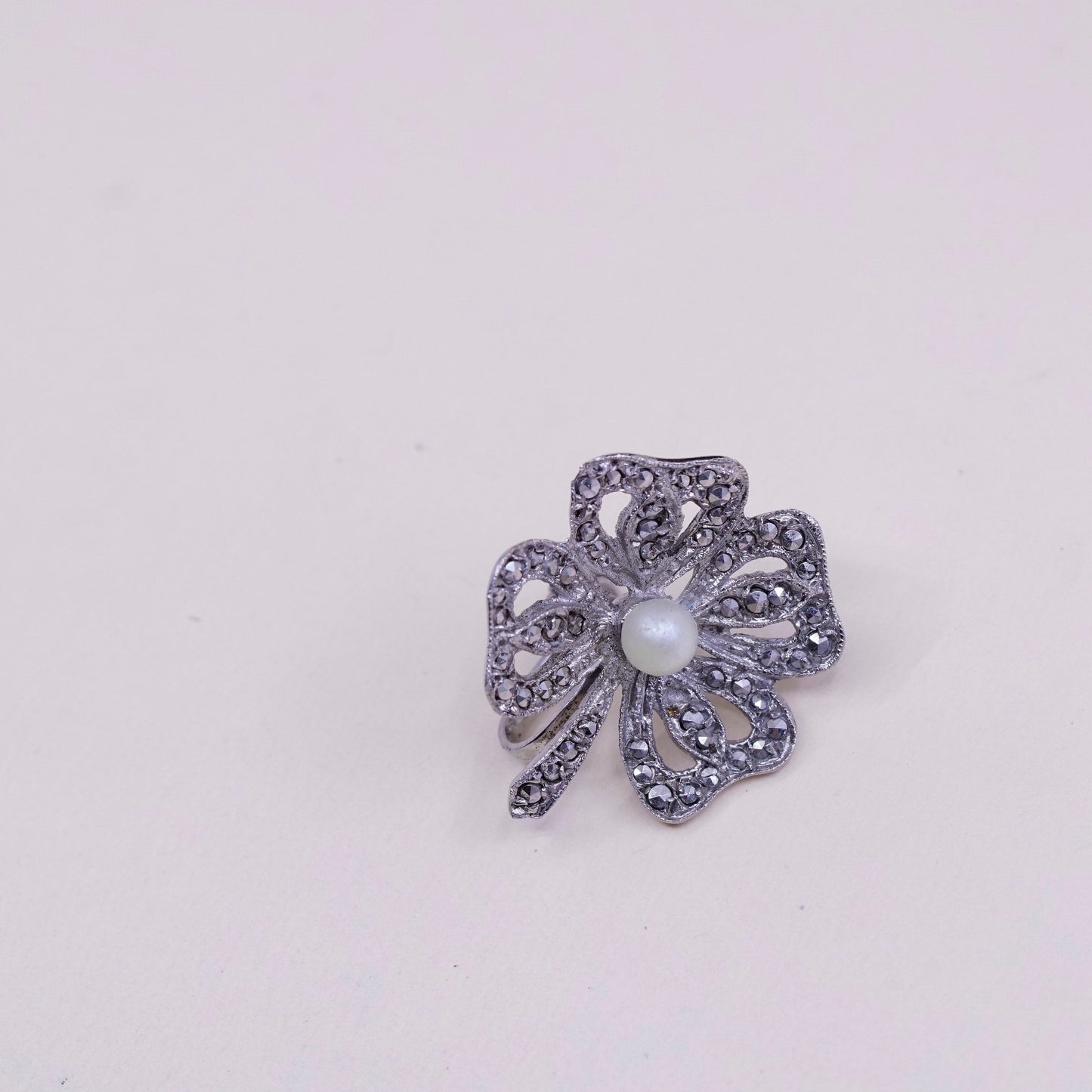Vintage Sterling silver handmade earrings, 925 screw back flower with Marcasite