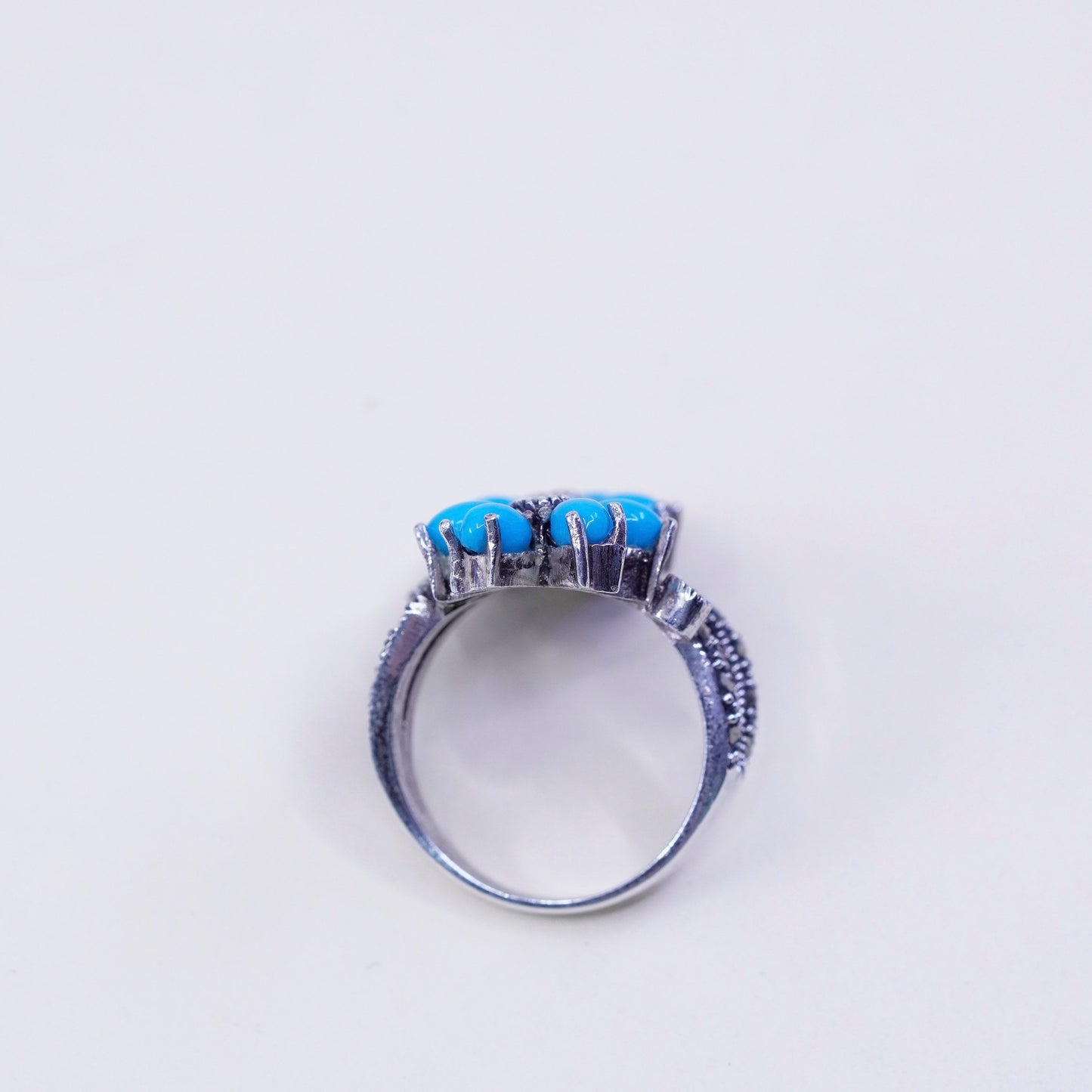 Size 8.25, vintage sterling 925 silver turquoise flower Marcasite ring