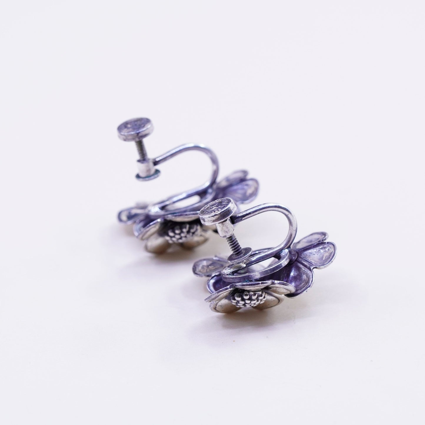 Vintage Sterling silver handmade earrings, 925 screw back flower earrings
