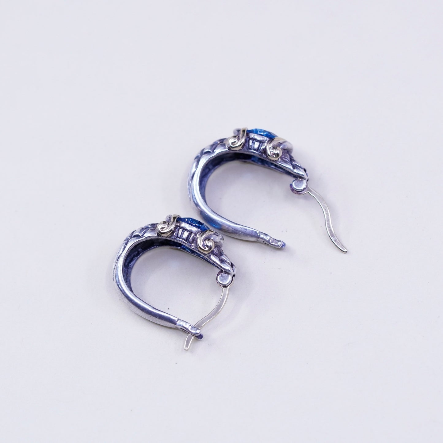 0.75”, sterling silver earrings with 14K gold accent, waffle textured 925 hoops