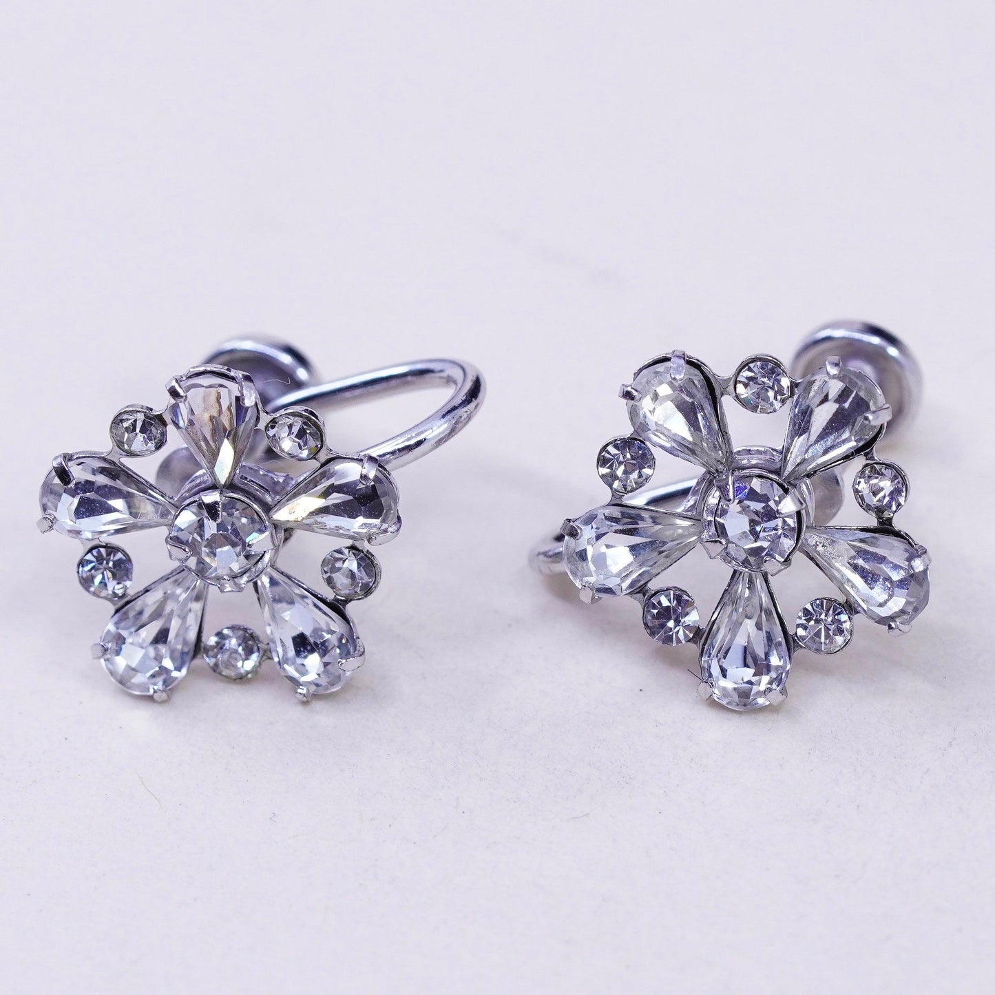1950s vtg sterling 925 silver earrings flower screw back earrings rhinestone