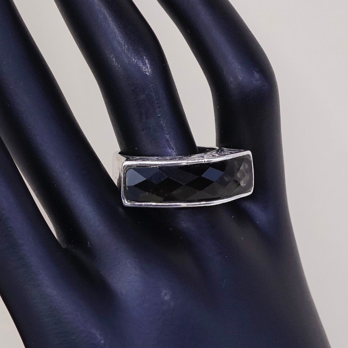 sz 9, vtg sterling 925 silver handmade statement ring w/ checker smoky topaz